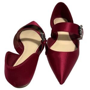 Zara Woman Shoes Flats 37/US 6.5 Red Satin Mary Jane Strap Gem Buckle Pointy Toe